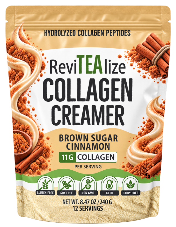 A stand-up pouch of ReviTEalize Collagen Creamer in Brown Sugar Cinnamon flavor, featuring a beige and white design with cinnamon sticks, collagen peptides, and green accents.