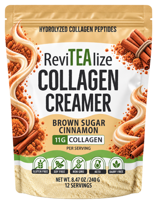 A stand-up pouch of ReviTEalize Collagen Creamer in Brown Sugar Cinnamon flavor, featuring a beige and white design with cinnamon sticks, collagen peptides, and green accents.