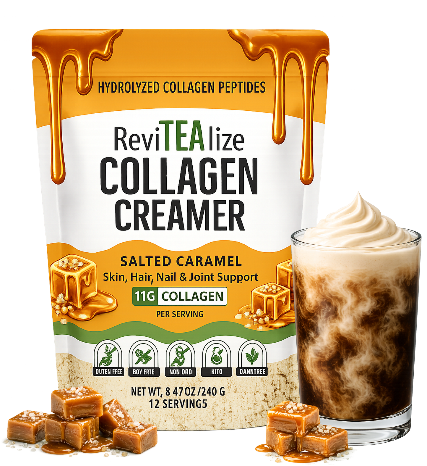Collagen Creamer for Coffee - Grass Fed Collagen Peptides Powder with MCT Oil for Hair, Skin, Nails & Joint Support - Salted Caramel