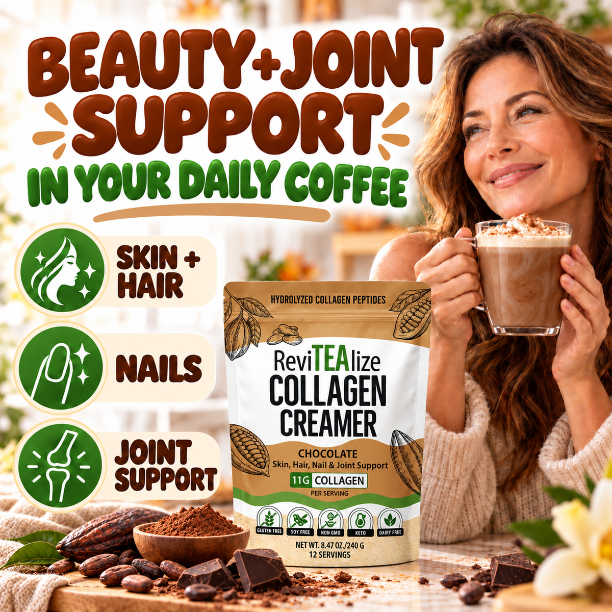 Collagen Creamer for Coffee - Grass Fed Collagen Peptides Powder with MCT Oil for Hair, Skin, Nails & Joint Support - Chocolate