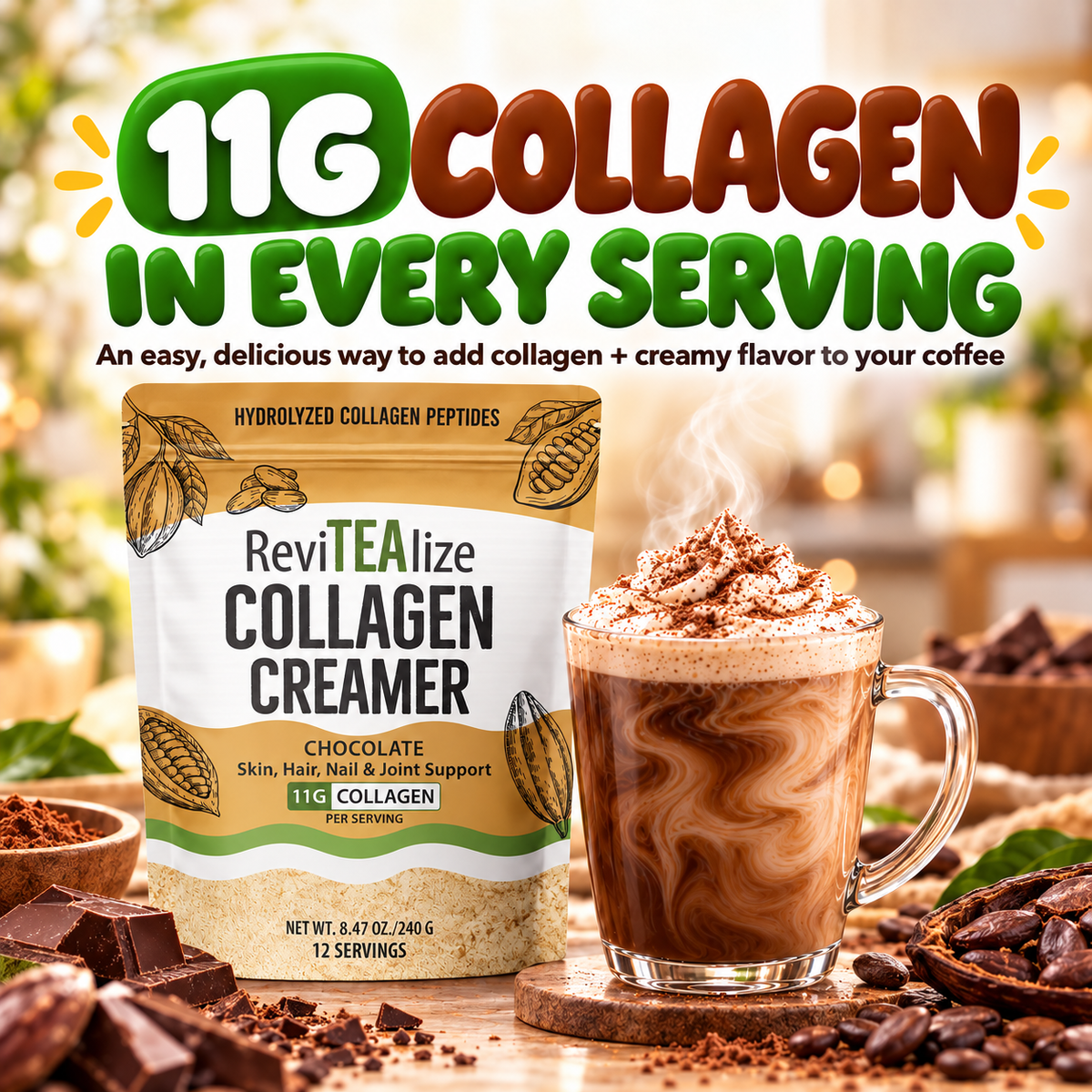 Collagen Creamer for Coffee - Grass Fed Collagen Peptides Powder with MCT Oil for Hair, Skin, Nails & Joint Support - Chocolate