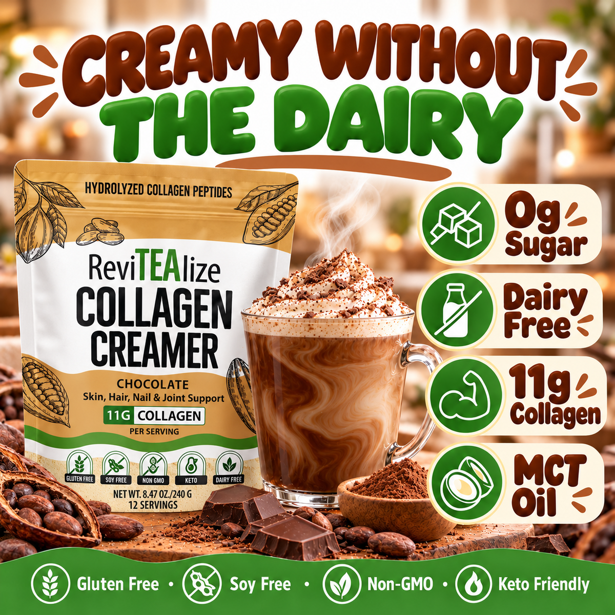 Collagen Creamer for Coffee - Grass Fed Collagen Peptides Powder with MCT Oil for Hair, Skin, Nails & Joint Support - Chocolate