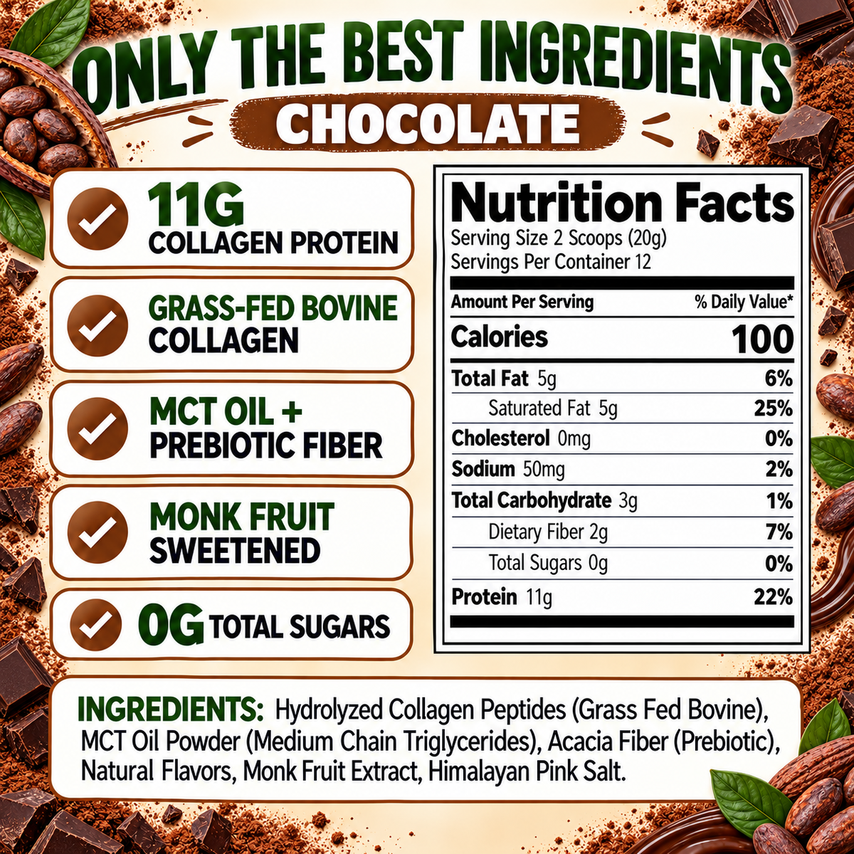 Collagen Creamer for Coffee - Grass Fed Collagen Peptides Powder with MCT Oil for Hair, Skin, Nails & Joint Support - Chocolate