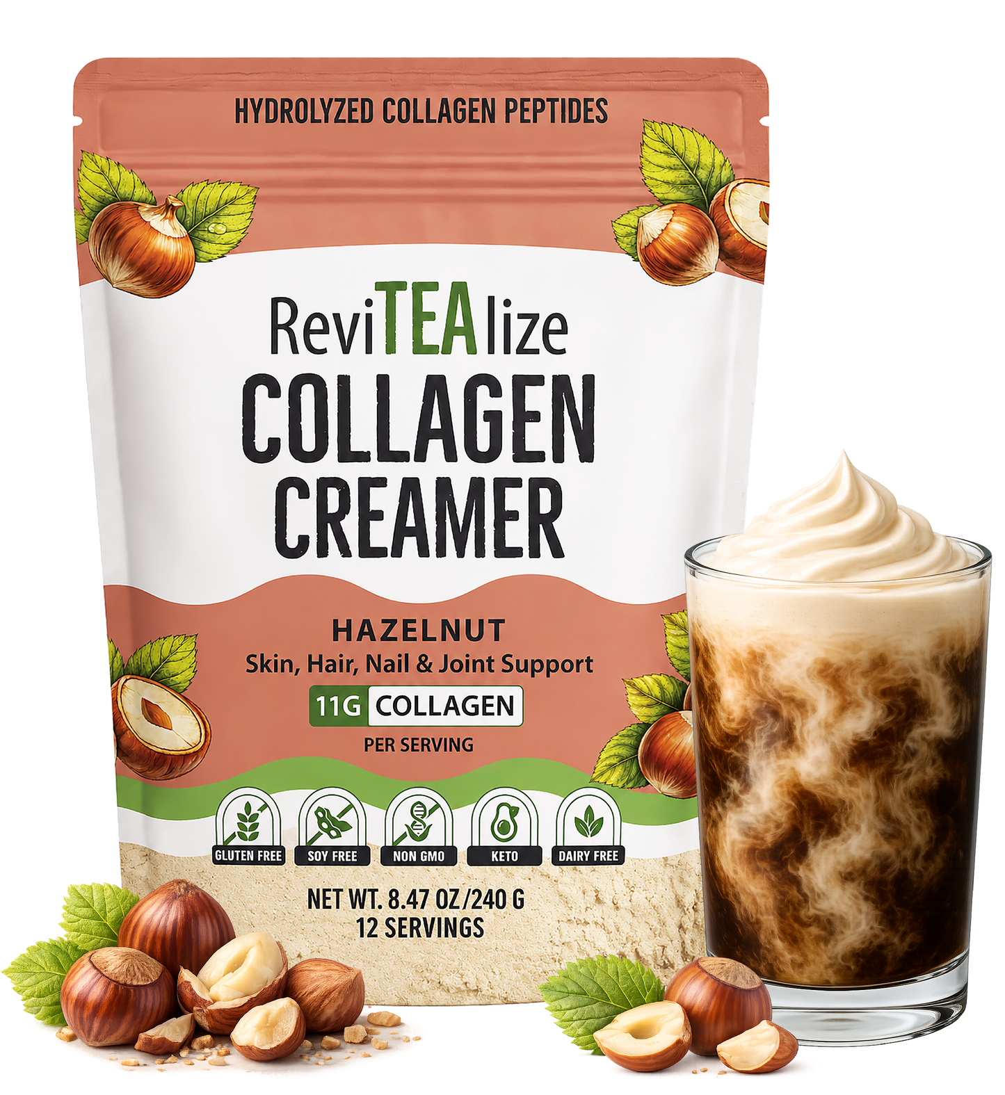 Collagen Creamer for Coffee - Grass Fed Collagen Peptides Powder with MCT Oil for Hair, Skin, Nails & Joint Support - Hazelnut