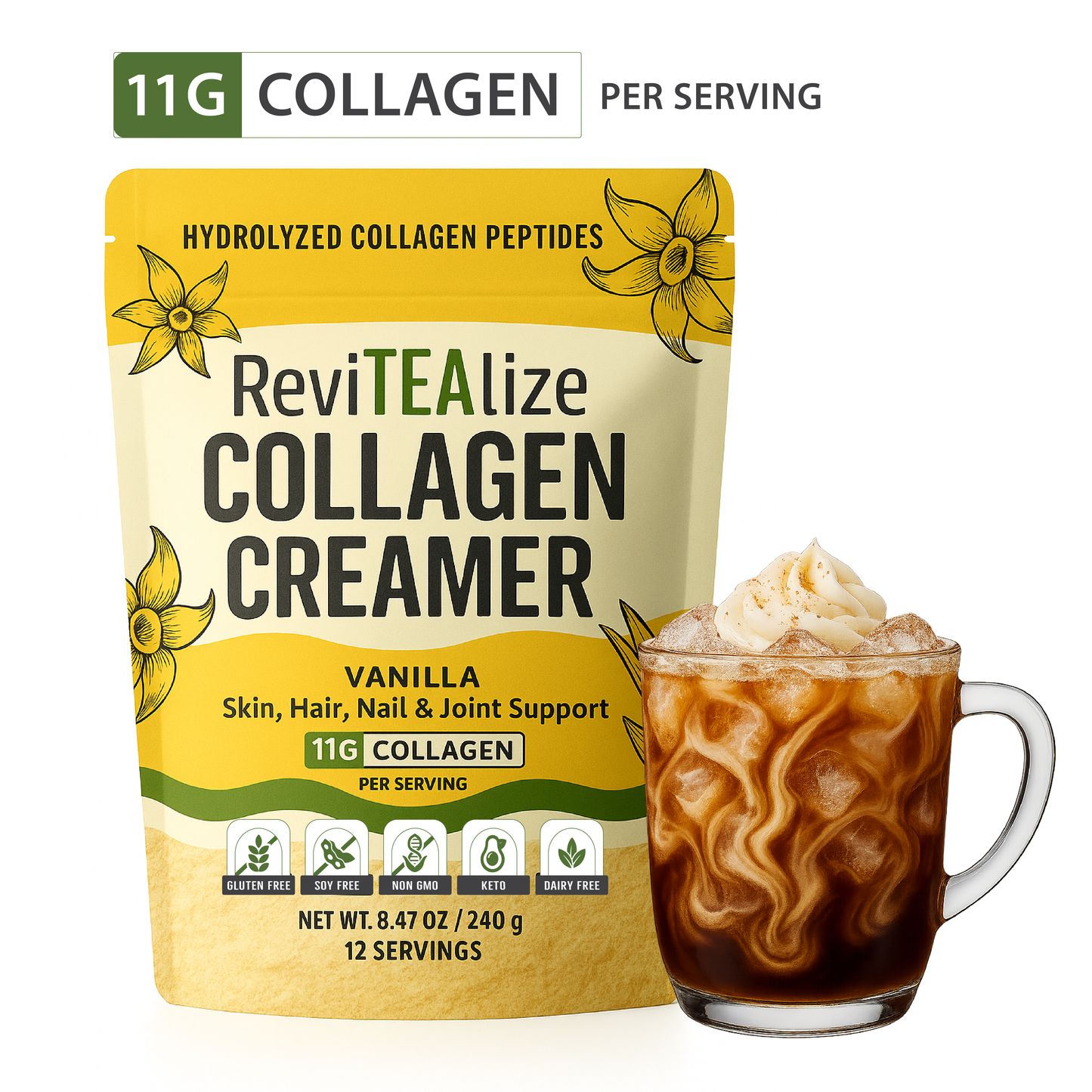 Collagen Creamer for Coffee - Grass Fed Collagen Peptides Powder with MCT Oil for Hair, Skin, Nails & Joint Support