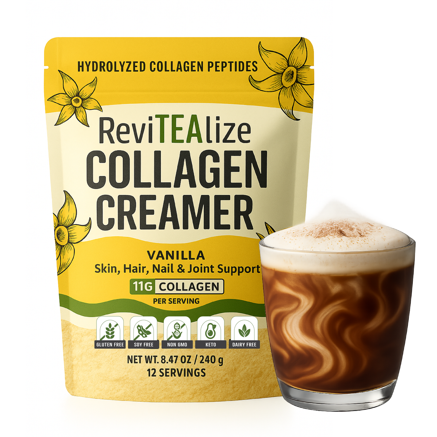 Collagen Creamer for Coffee - Grass Fed Collagen Peptides Powder with MCT Oil for Hair, Skin, Nails & Joint Support