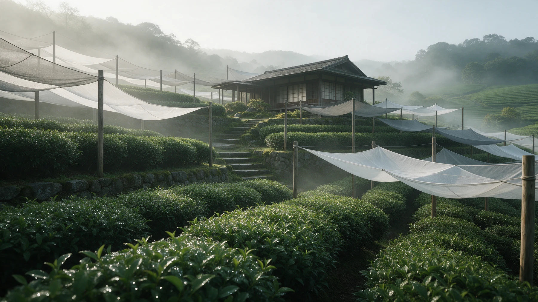 Shaded Japanese tea fields and stone mill used for ceremonial grade matcha