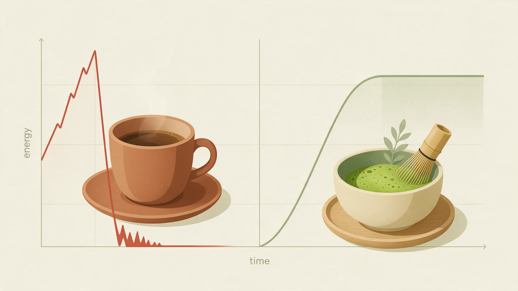 Graphic comparing a coffee-driven cortisol spike and crash to a steady matcha energy curve
