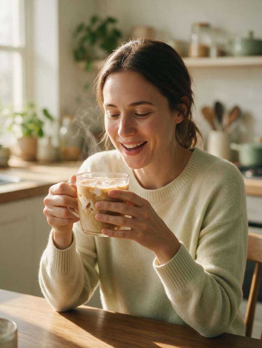 A woman at her kitchen table in the morning, holding a mug of iced collagen coffee