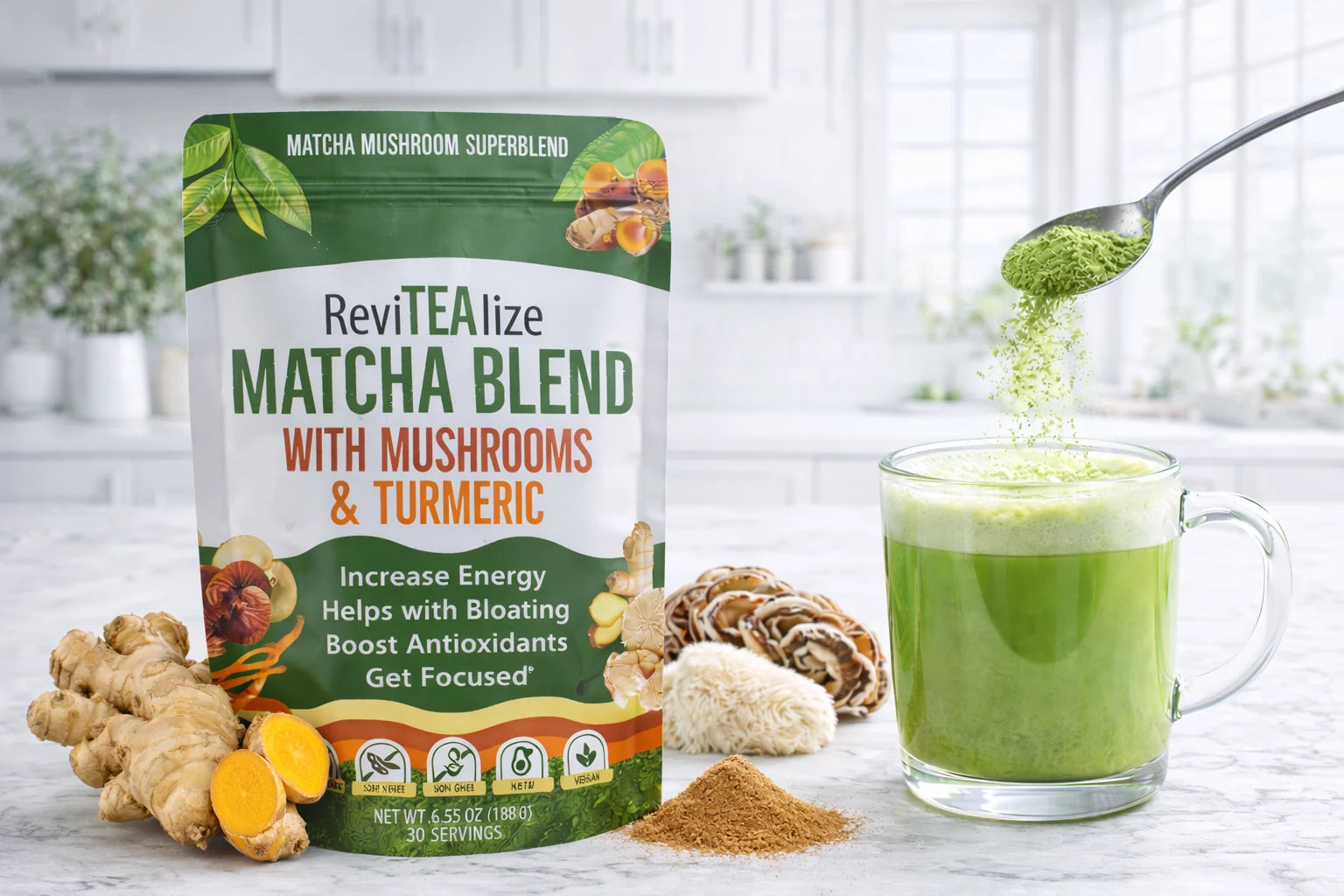 ReviTEAlize Matcha Mushroom Super Blend product bag, front of pack